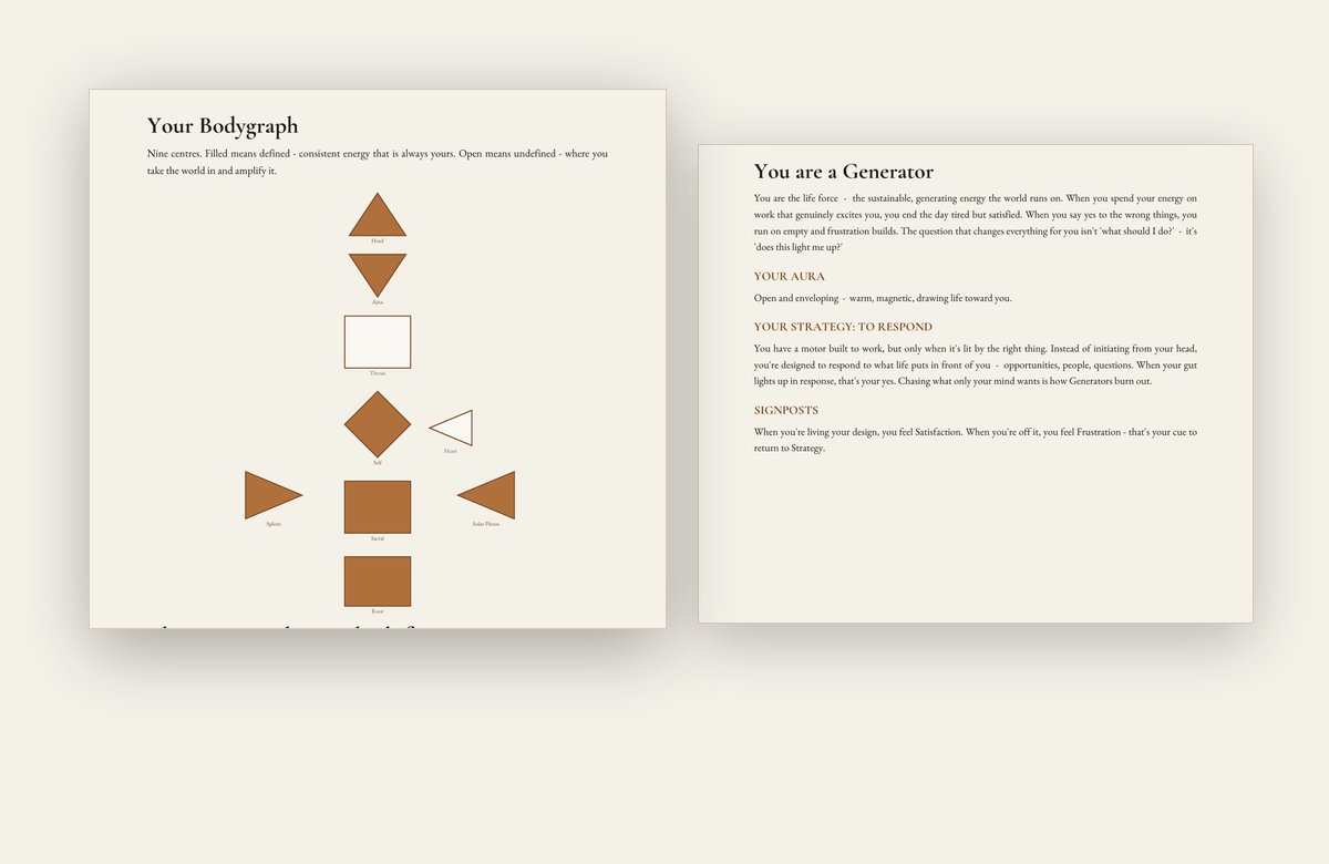 Two pages from an actual Human Design reading: the bodygraph with nine centres, and the Type section